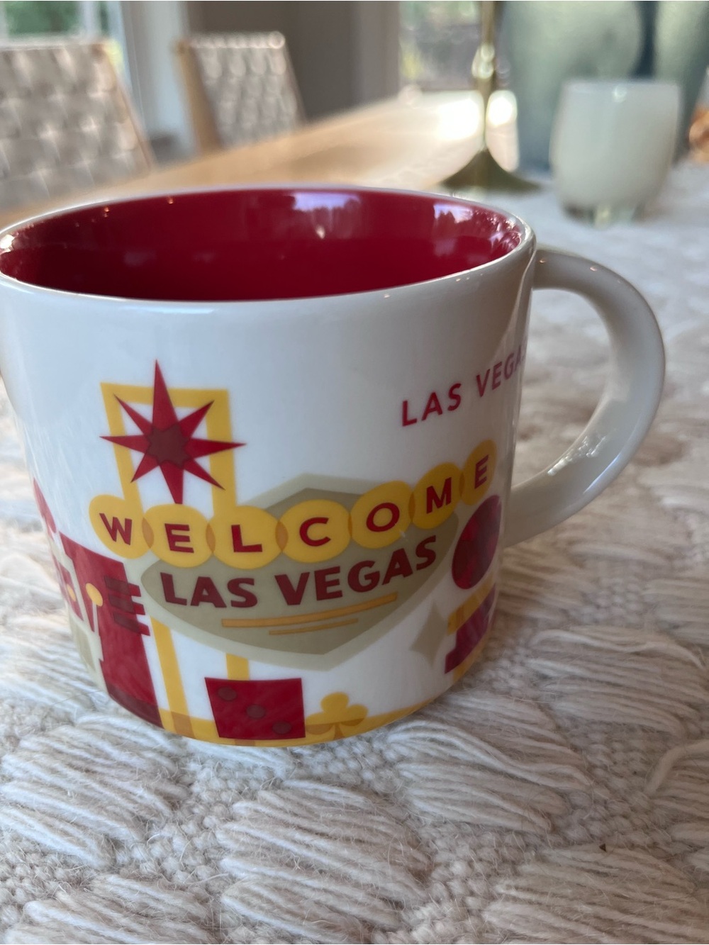 NWOT Starbucks White Ceramic Mug with Red and Yellow Las Vegas Design